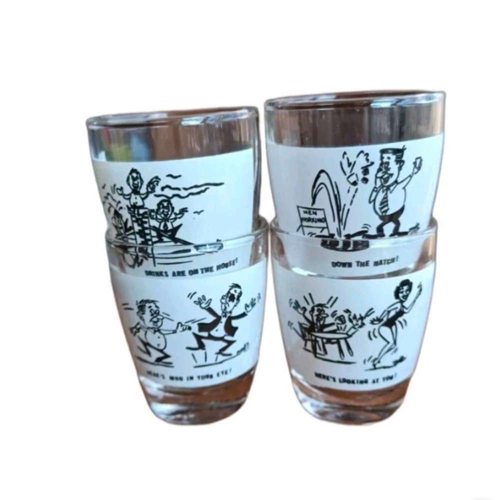 MID-CENTURY..ANCHOR HOCKING HILARIOUS GRAPHIC SHOT GLASSES..SET OF 4. U.S.A.